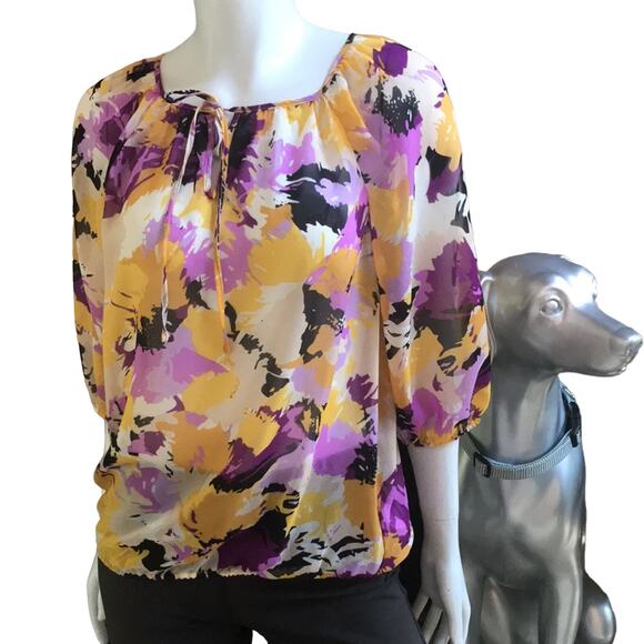 Ellen Tracy 3/4 Sleeve Peasant Blouse Yellow Purple Women's Size Medium - Picture 1 of 8